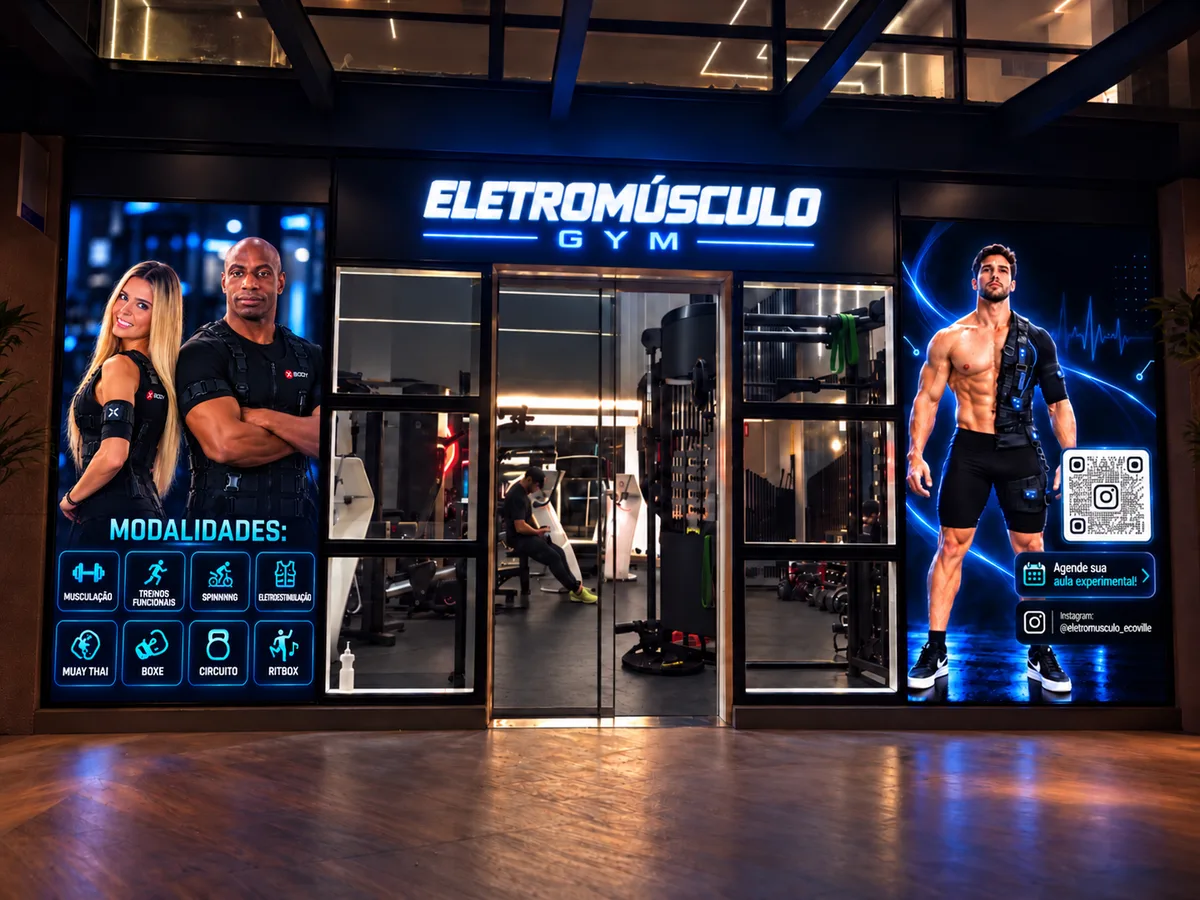 Fachada da Eletromúsculo Gym no Ecoville, com o letreiro iluminado em azul e a entrada do estúdio